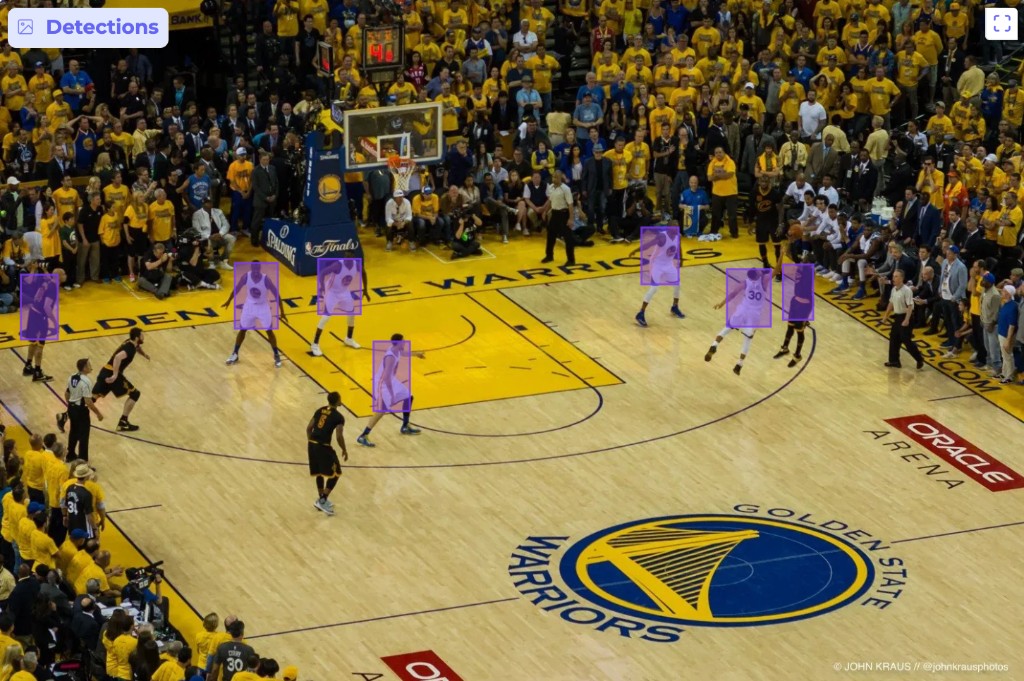 Target image: a wide shot of a Warriors home game with the model's detections drawn around every player on the court.
