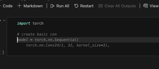 My fine-tuned model autocompleting the same PyTorch CNN in a Jupyter notebook